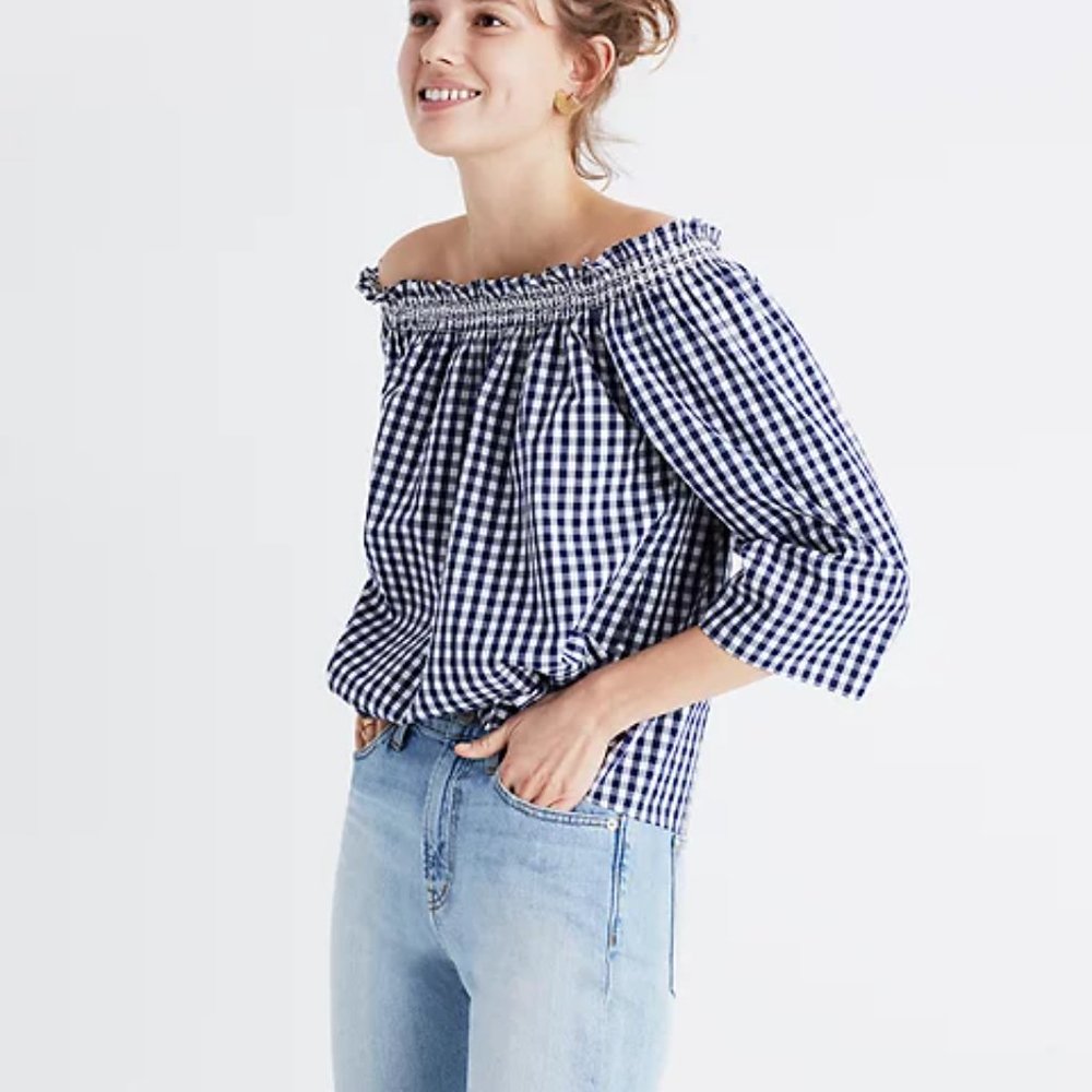 Madewell Blue White Smoked Gingham Off the Shoulder Top Small S
